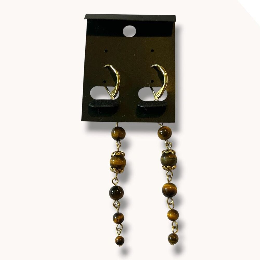 Tiger Eye Beaded Dangle Earrings Gold Tone Boho Artisan Brown - Picture 5 of 5